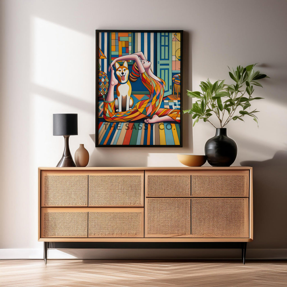 Modern colorful artwork of a woman doing yoga and a happy pet dog. Colorful wall art painting canvas & framed art print for bedroom wall, living room, modern Indian home decor. Ready-to-hang wall art decor. Buy wall art painting online India.