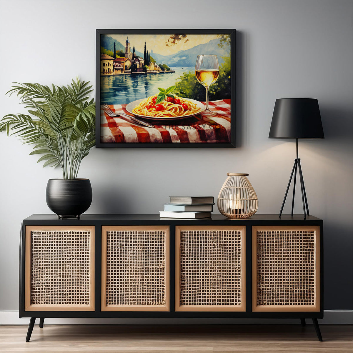 Italy style inspired, Lake Como, Spaghetti, Wine travel wall art painting canvas print, framed wall artwork print for Kitchen wall, Dining room and modern Indian home wall decor.