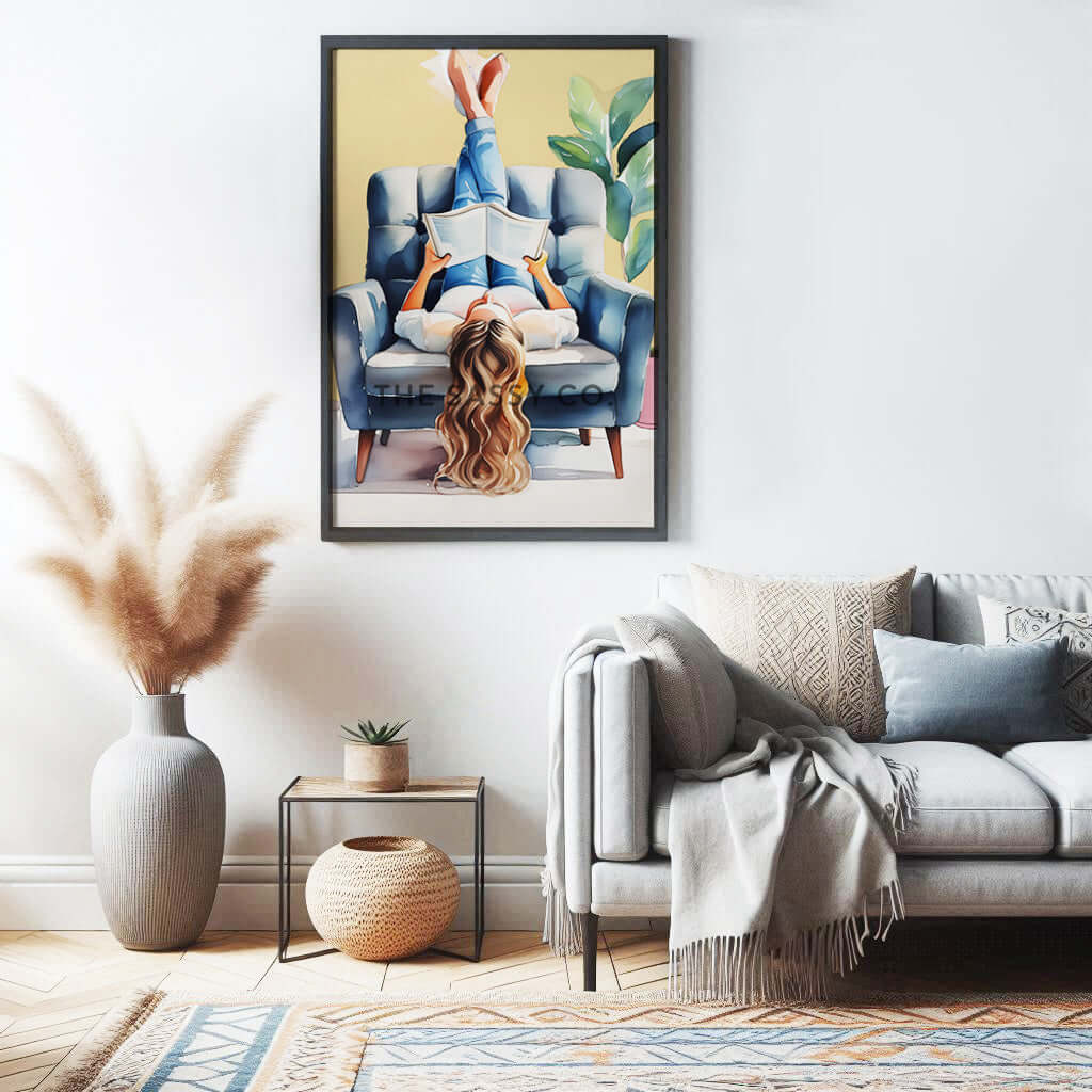 A yellow, blue boho style watercolor modern artwork of a woman reading book. Boho watercolor wall art painting canvas, framed art print for bedroom, living room, home wall decor. Boho wall decor ideas for modern Indian homes. Buy wall art painting online