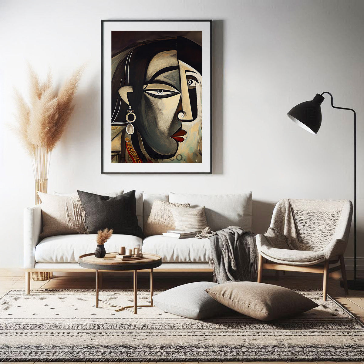 Black and grey color, Picasso style modern abstract Indian woman canvas wall art painting, framed art prints for modern living room, home wall art decor.