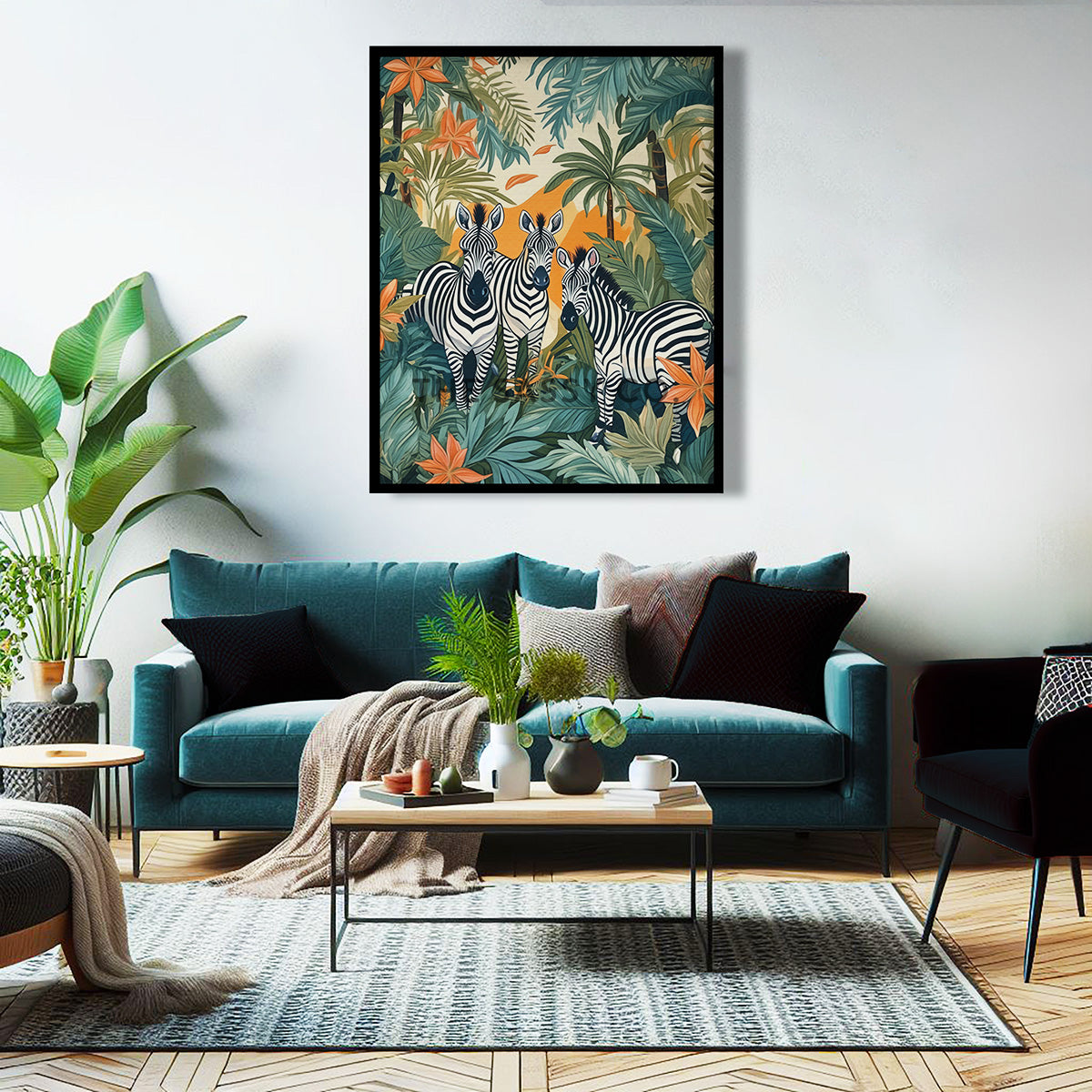 Tropical zebras, animal wall art painting canvas & framed print for bedroom, living room, home decor