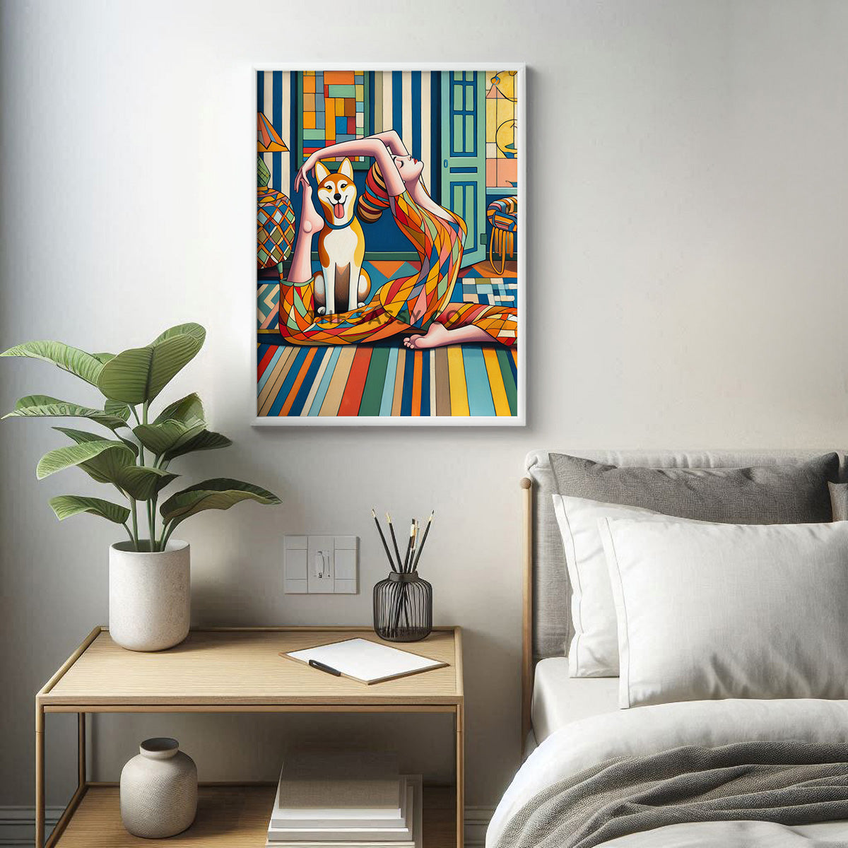 Modern colorful artwork of a woman doing yoga and a happy pet dog. Colorful wall art painting canvas & framed art print for bedroom wall, living room, modern Indian home decor. Ready-to-hang wall art decor. Buy wall art painting online India.