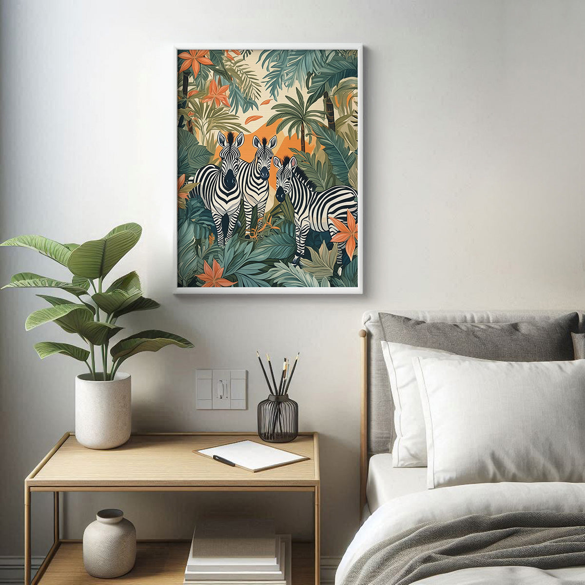 Tropical zebras, animal wall art painting canvas & framed print for bedroom, living room, home decor