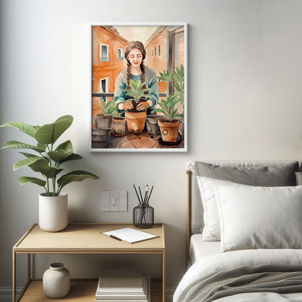 An orange, green boho watercolor artwork of a woman gardening. Boho watercolor style wall art painting canvas, framed art print for bedroom wall home decor. Boho wall decor ideas for modern Indian homes. Buy wall art painting online