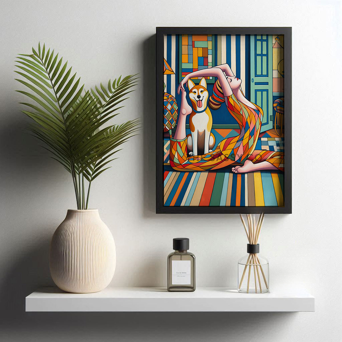 Modern colorful artwork of a woman doing yoga and a happy pet dog. Colorful wall art painting canvas & framed art print for bedroom wall, living room, modern Indian home decor. Ready-to-hang wall art decor. Buy wall art painting online India.