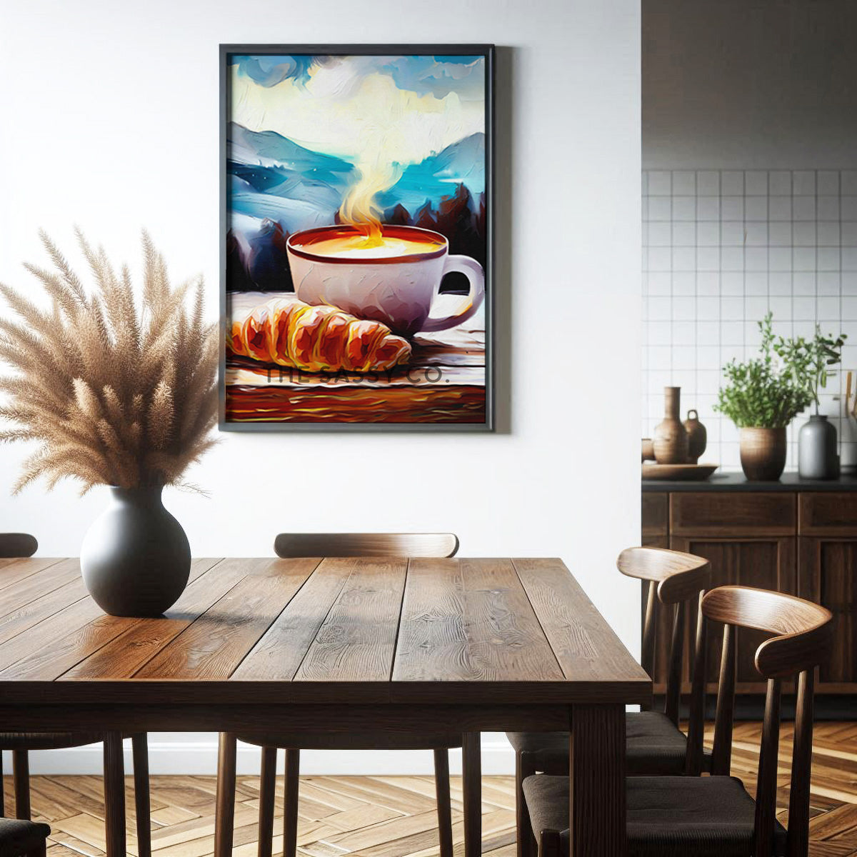 Coffee Croissant against a backdrop of mountains, cold winter, Cafe Style Wall art painting, canvas & framed print for Kitchen, Dining, home decor