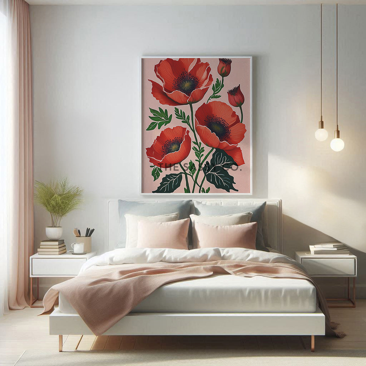 Minimalist Pink Poppy Flower Floral Botanical Wall Art Painting, Canvas Print, Framed print for bedroom, living room, home decor