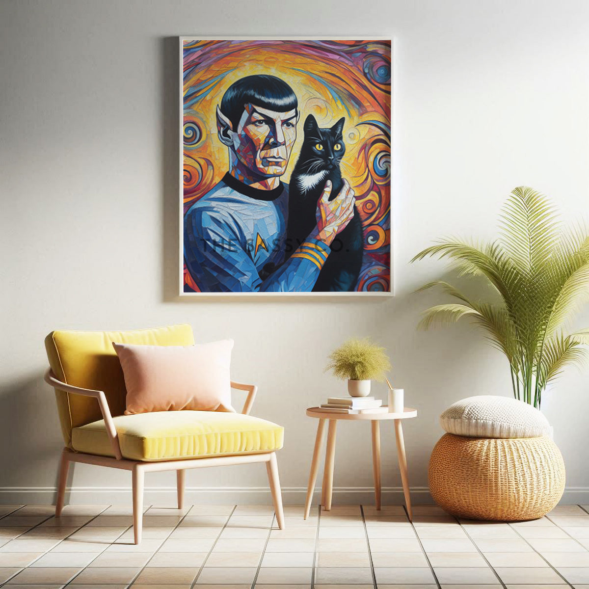 Colorful Star Trek inspired, Spock with cat wall art painting canvas print, framed print for bedroom, gaming room decor