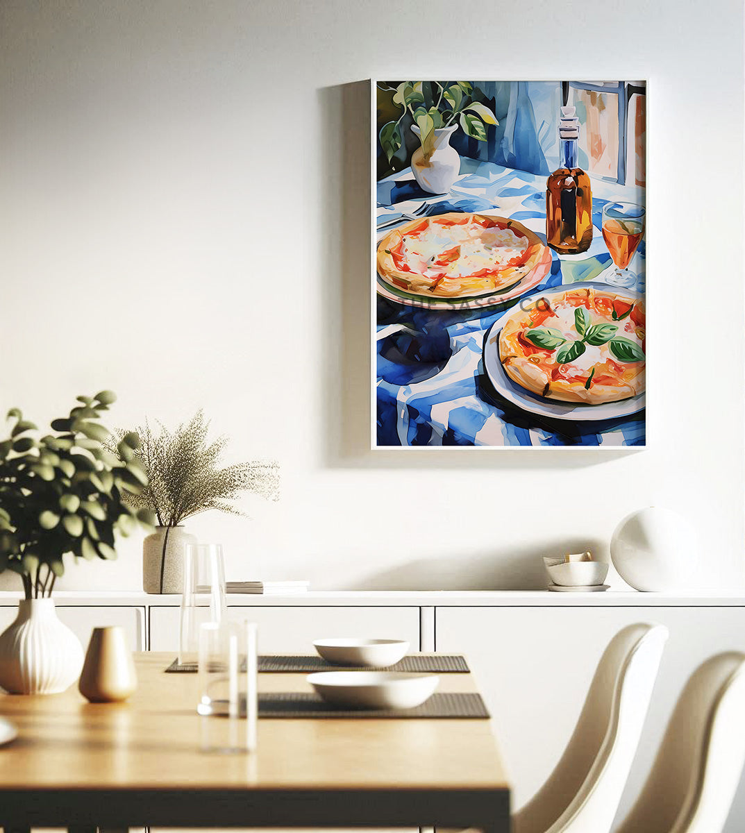 A blue, red watercolor wall art canvas painting print of Neapolitan pizzas on a table. Italy inspired wall art decor. Modern artistic wall painting for Kitchen, dining room wall decor. Italian style wall artwork.