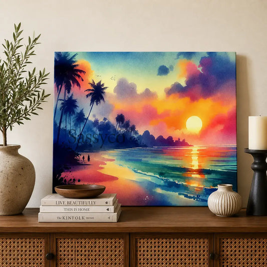 Goa India sunset beach landscape with silhouetted palm trees, a glowing orange sun and gentle waves washing over golden sand watercolor painting, styled in a living room and on a shelf - beach canvas wall art, coastal sunset wall art, Goa travel poster artwork print for living room, bedroom and home office wall decor
