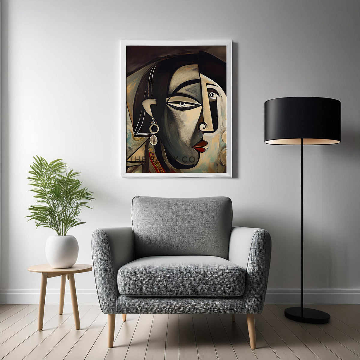 Black and grey color, Picasso style modern abstract Indian woman canvas wall art painting, framed art prints for modern living room, home wall art decor.