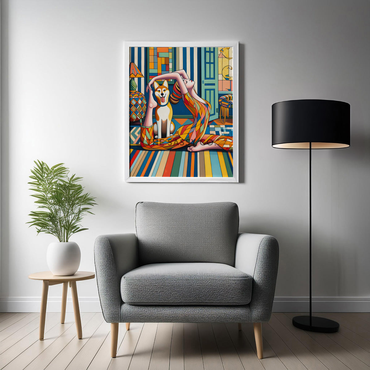 Modern colorful artwork of a woman doing yoga and a happy pet dog. Colorful wall art painting canvas & framed art print for bedroom wall, living room, modern Indian home decor. Ready-to-hang wall art decor. Buy wall art painting online India.