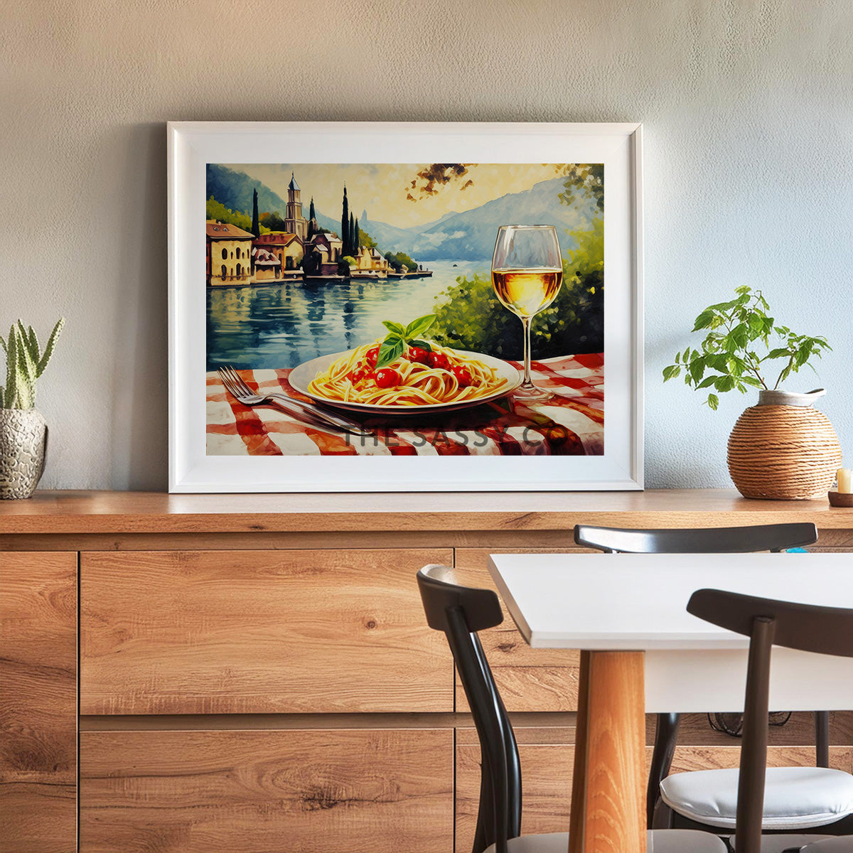 Italy style inspired, Lake Como, Spaghetti, Wine travel wall art painting canvas print, framed wall artwork print for Kitchen wall, Dining room and modern Indian home wall decor.
