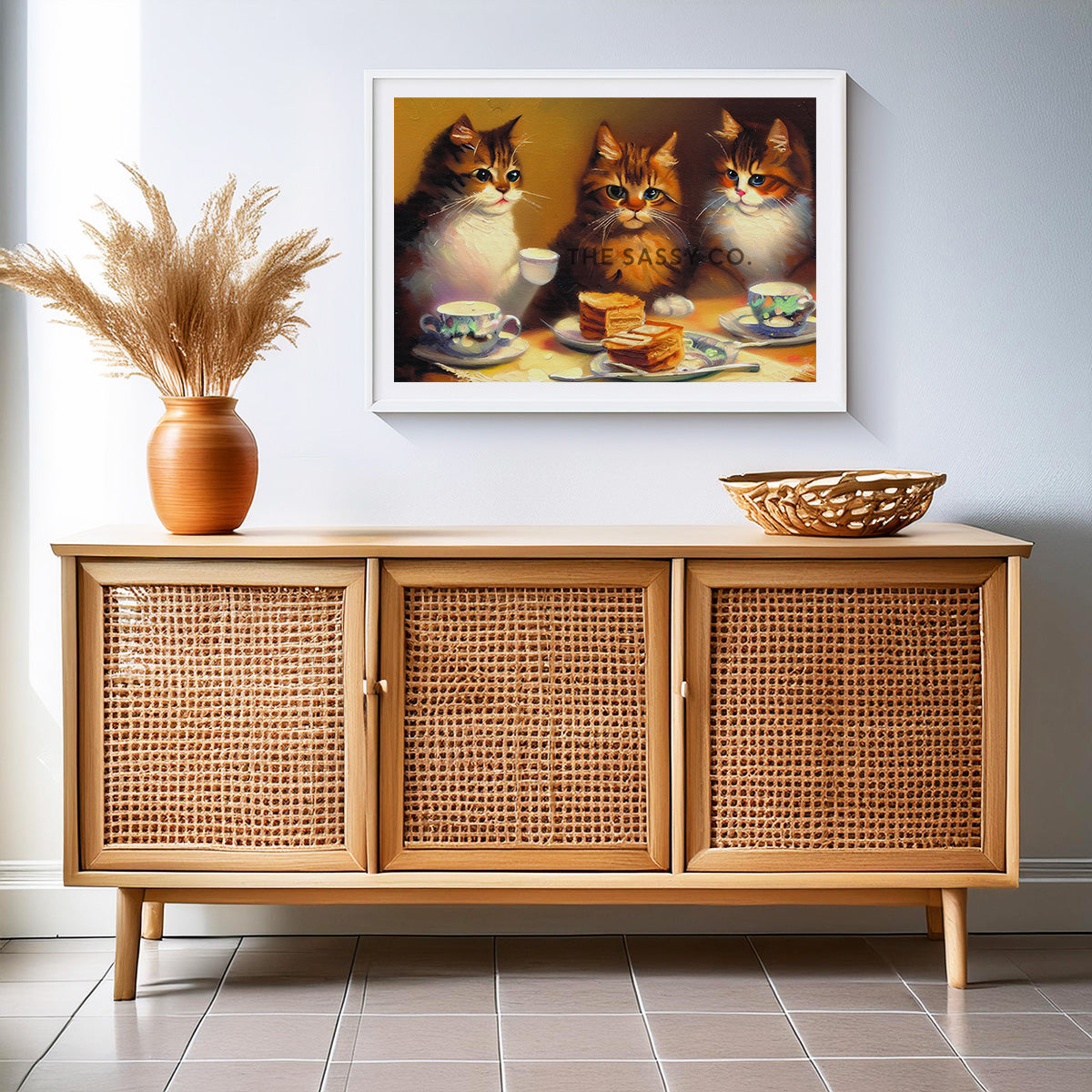 Three cats having a tea party, wall art painting for drawing room. Canvas wall art painting prints, framed art prints for bedroom, living room, home decor. Buy wall art painting online India.