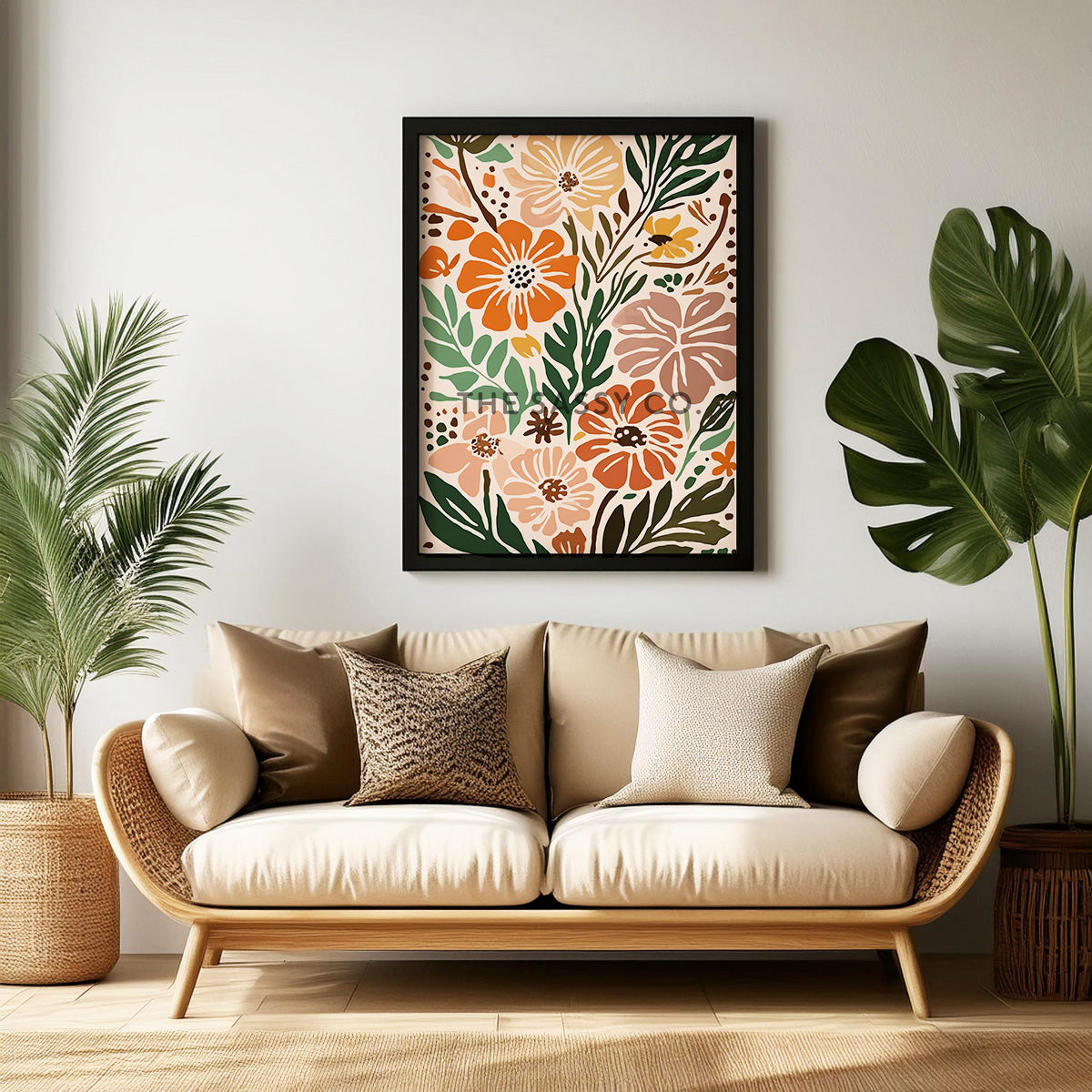 Boho style modern abstract colorful floral flowers wall art painting canvas gallery wrap and black framed artwork art print for drawing room, living room and modern Indian home boho wall art decor.