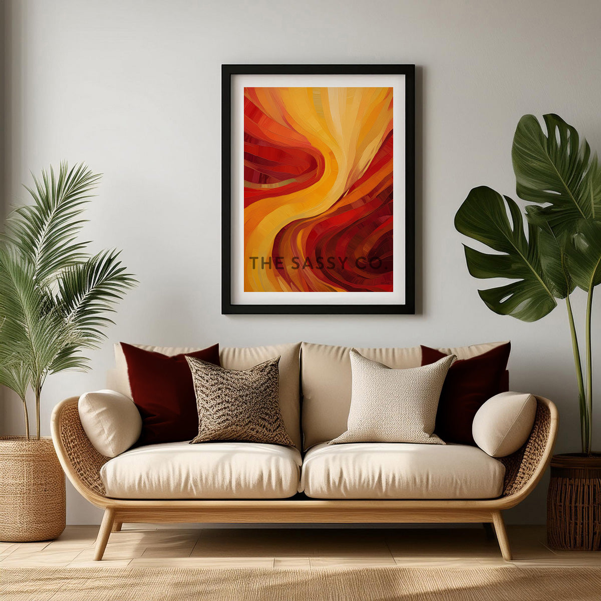 Nature, fire element inspired red and yellow abstract wall art painting, canvas print, framed print for home decor, living room, bedroom wall.