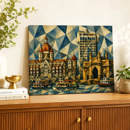 Mumbai India Gateway of India and Taj Mahal Palace Hotel reimagined in fractured blue and gold triangles modern geometric cubist abstract painting, shown as a canvas gallery wrap print styled on a console table - Mumbai cityscape canvas wall art, geometric abstract wall art, India cubist poster artwork print for living room, bedroom and home office wall decor