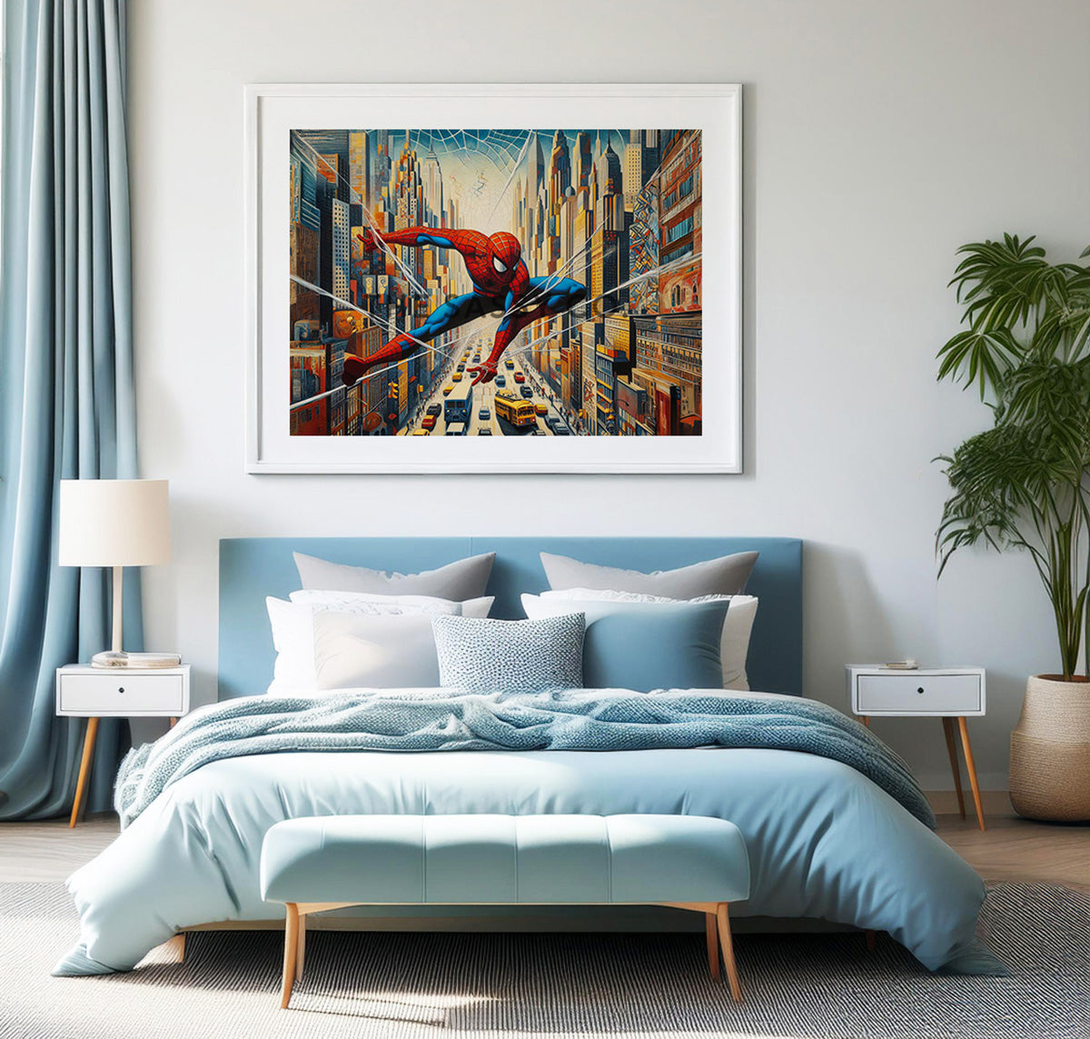 a blue, red canvas wall art painting of Spiderman in the city. Spider man superhero artwork wall art painting canvas print, framed art print for bedroom, game room wall decor, kid's room decor. Horizontal art for bedroom above bed. Modern wall art decor f