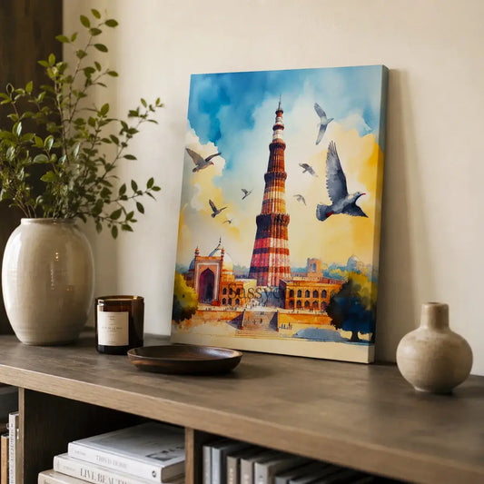 Qutub Minar Delhi India heritage monument cityscape with red sandstone minaret, mosque ruins and pigeons in flight against a golden sky watercolor painting, styled on a modern living room shelf- India travel wall art, Indian heritage canvas wall art, Delhi monument poster artwork print for living room, and home office wall decor