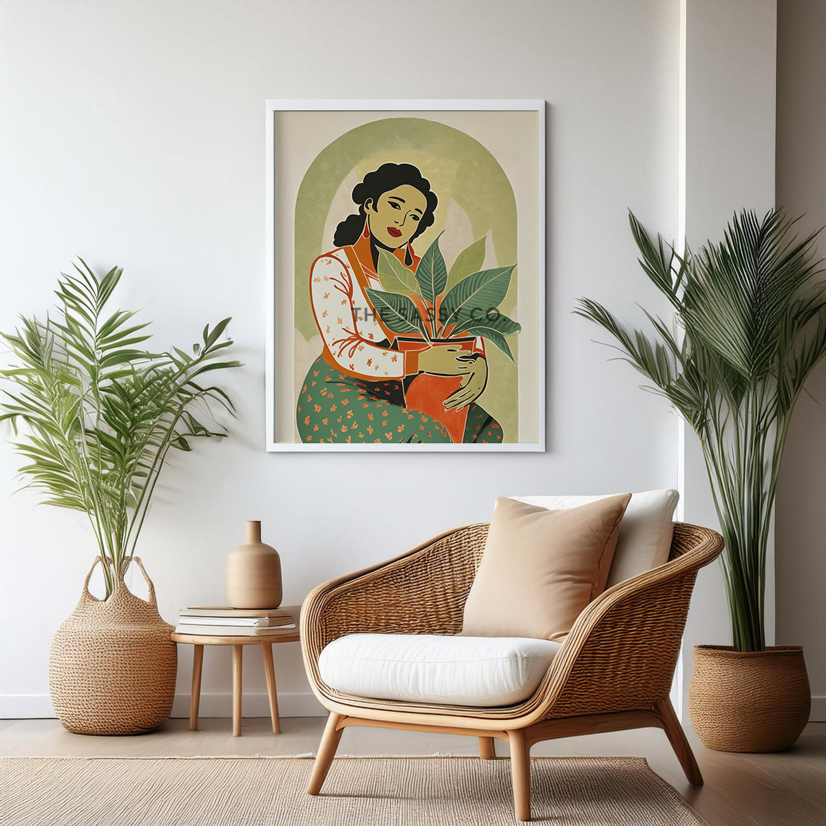 Boho style Woman with Plant Sage green wall art painting canvas print, framed print for bedroom, living room, home decor