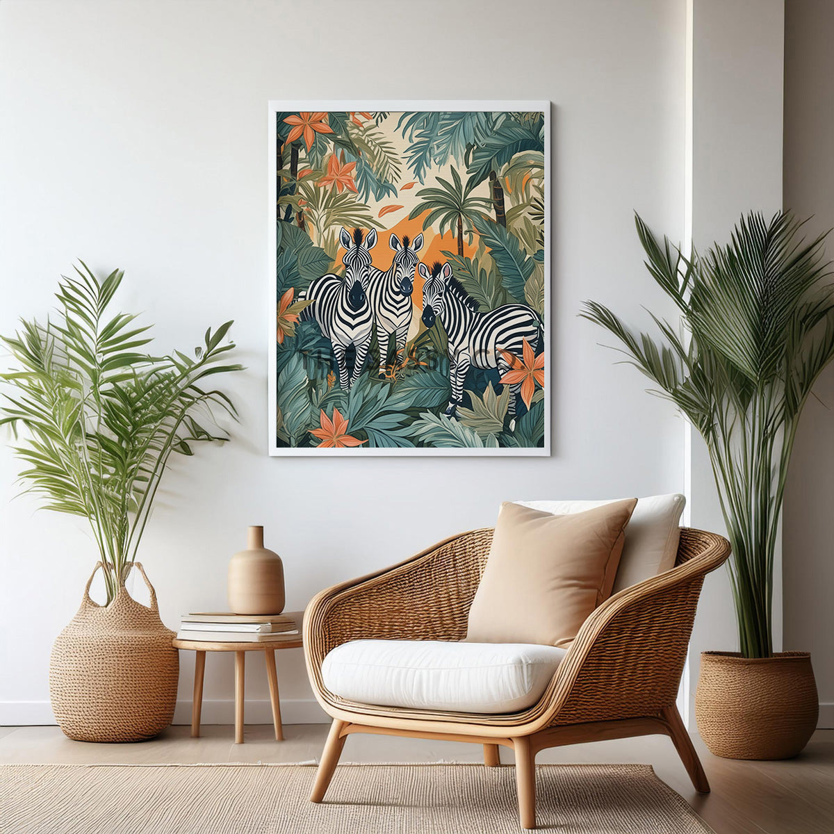 Tropical zebras, animal wall art painting canvas & framed print for bedroom, living room, home decor