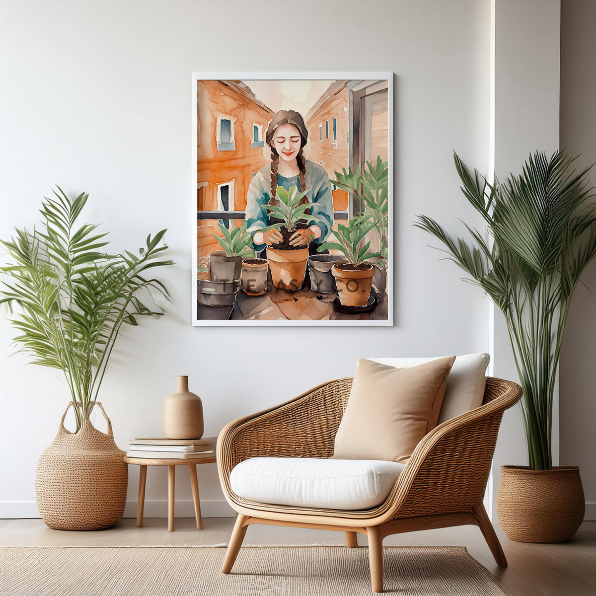 An orange, green boho watercolor artwork of a woman gardening. Boho watercolor style wall art painting canvas, framed art print for sitting room, home wall decor. Boho wall decor ideas for modern Indian homes. Buy wall art painting online