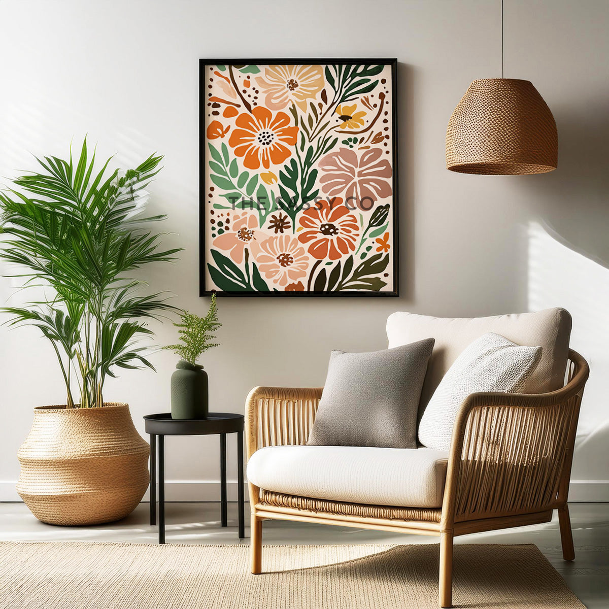 Boho style modern abstract colorful floral flowers wall art painting canvas gallery wrap and black framed artwork art print for sitting room, living room and modern Indian home boho wall art decor.