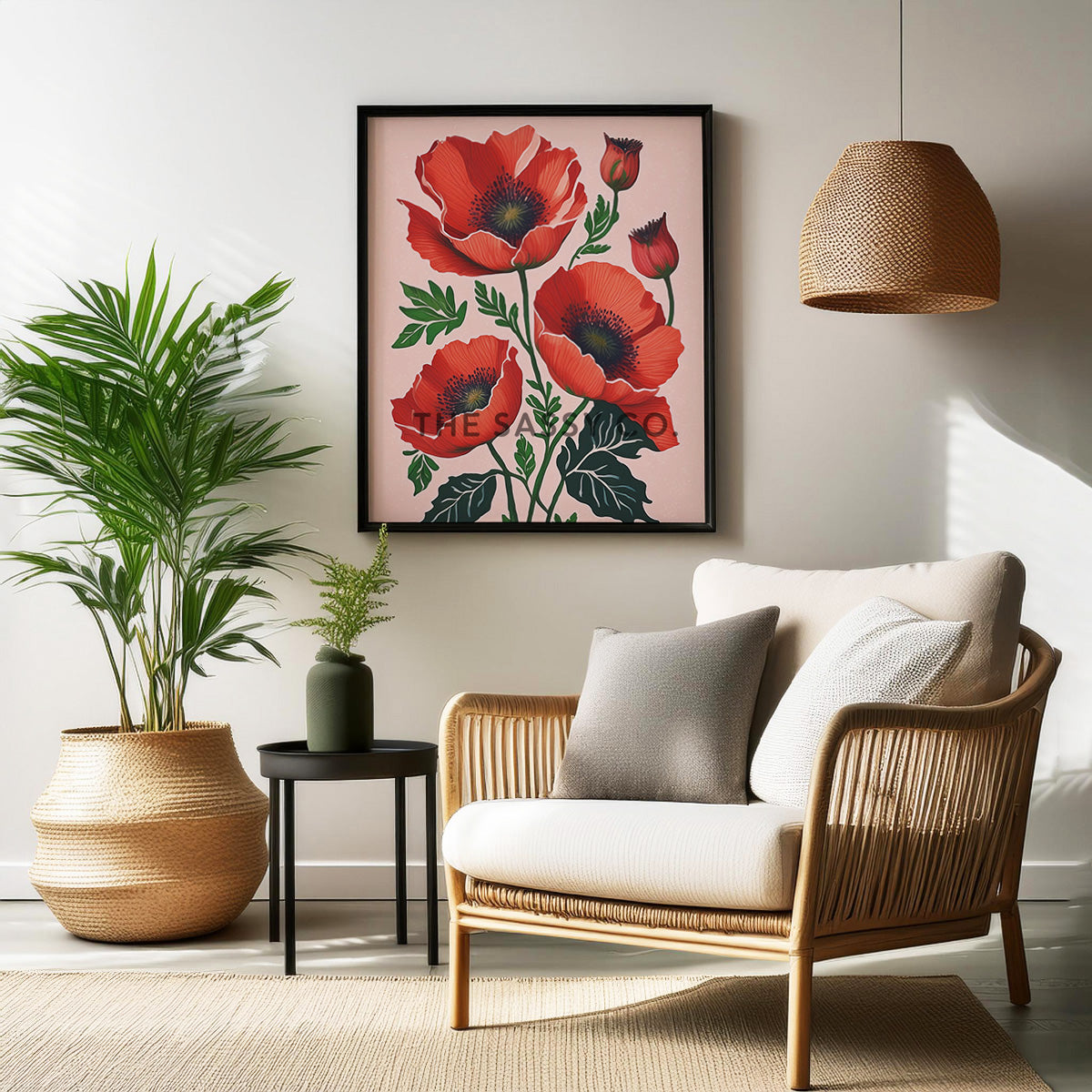 Minimalist Pink Poppy Flower Floral Botanical Wall Art Painting, Canvas Print, Framed print for bedroom, living room, home decor