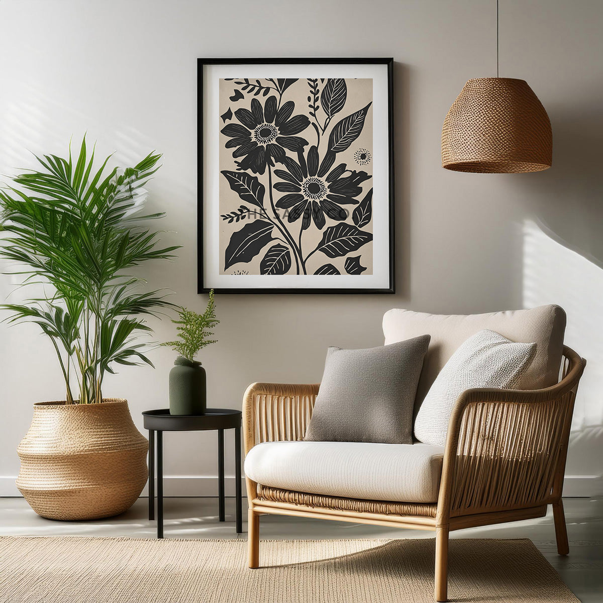 Minimalist Floral black daisy wall art painting canvas prints, framed prints bedroom, living room, home decor