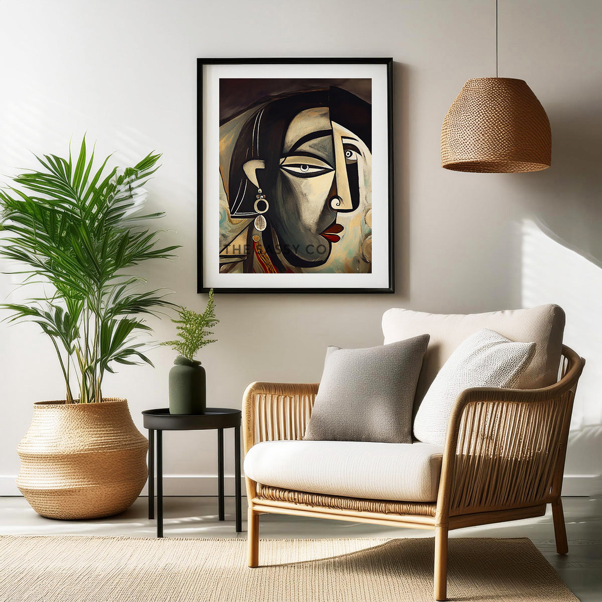 Black and grey color, Picasso style modern abstract Indian woman canvas wall art painting, framed art prints for modern living room, home wall art decor.