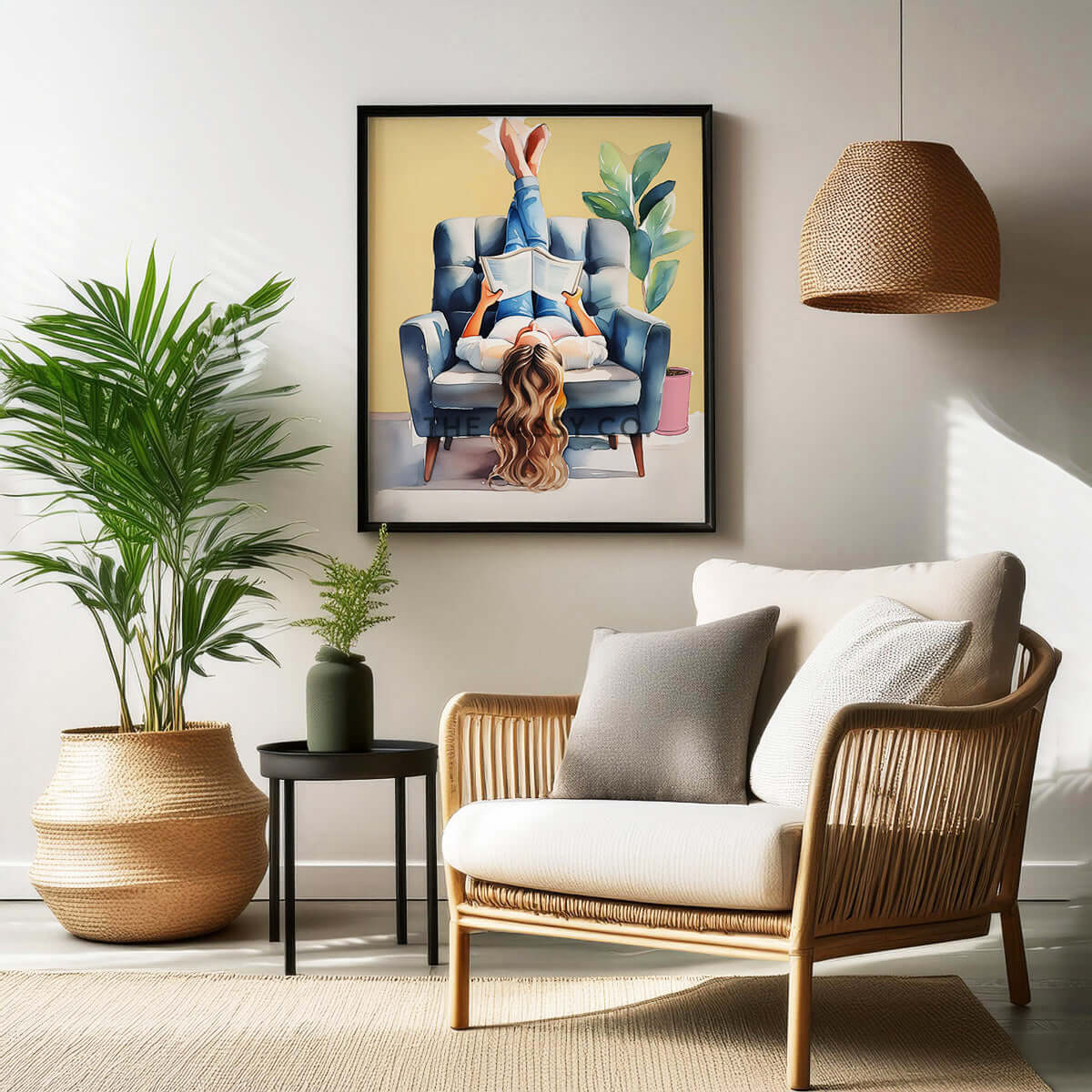 A yellow, blue boho style watercolor modern artwork of a woman reading book. Boho watercolor wall art painting canvas, framed art print for bedroom, living room, home wall decor. Boho wall decor ideas for modern Indian homes. Buy wall art painting online