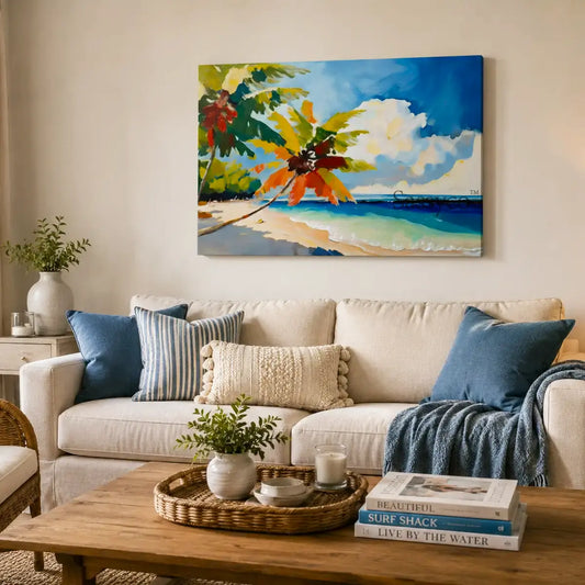 a tropical palm beach landscape with swaying coconut palms framing a turquoise sea and soft sunlit clouds vibrant painting, styled in a living room, art for wall behind a sofa couch - beach canvas wall art, tropical island wall art, palm tree poster artwork print for living room, bedroom and home office wall decor