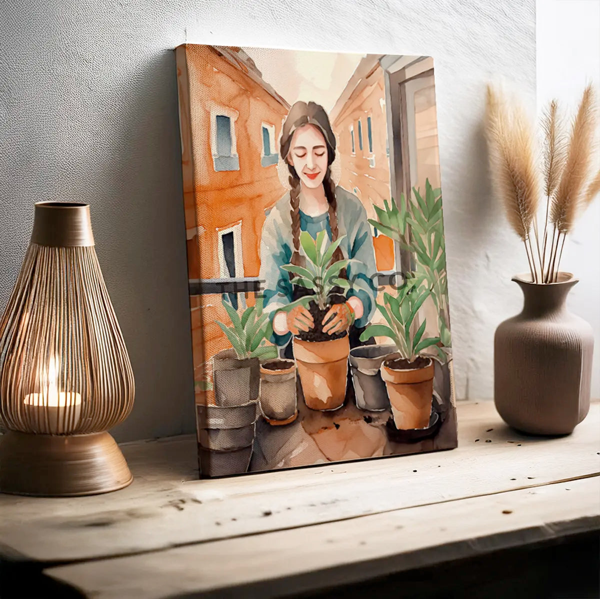An orange, green boho watercolor artwork of a woman gardening. Boho watercolor style wall art painting canvas, framed art print for living room, home wall decor. Boho wall decor ideas for modern Indian homes. Buy wall art painting online