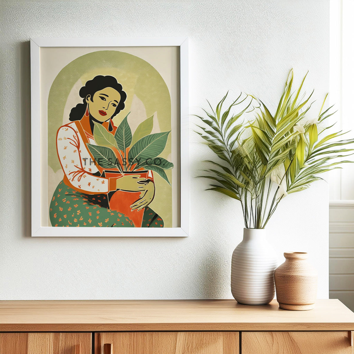 Boho style Woman with Plant Sage green wall art painting canvas print, framed print for bedroom, living room, home decor