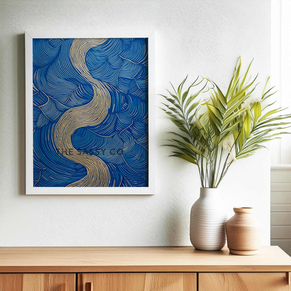 Nature inspired, blue river abstract wall art painting canvas & framed print for bedroom, living room, home decor