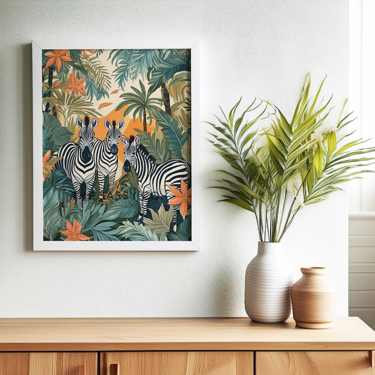 Tropical zebras, animal wall art painting canvas & framed print for bedroom, living room, home decor