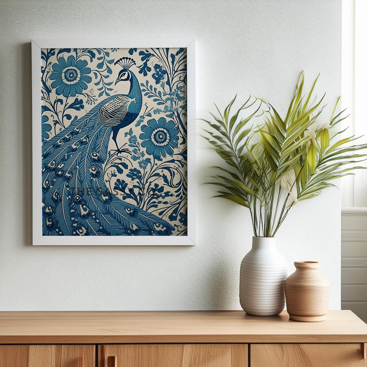 Rustic Floral Peacock Blue Paisley Wall Art Painting Canvas Print, Framed Print for bedroom, living room, home decor