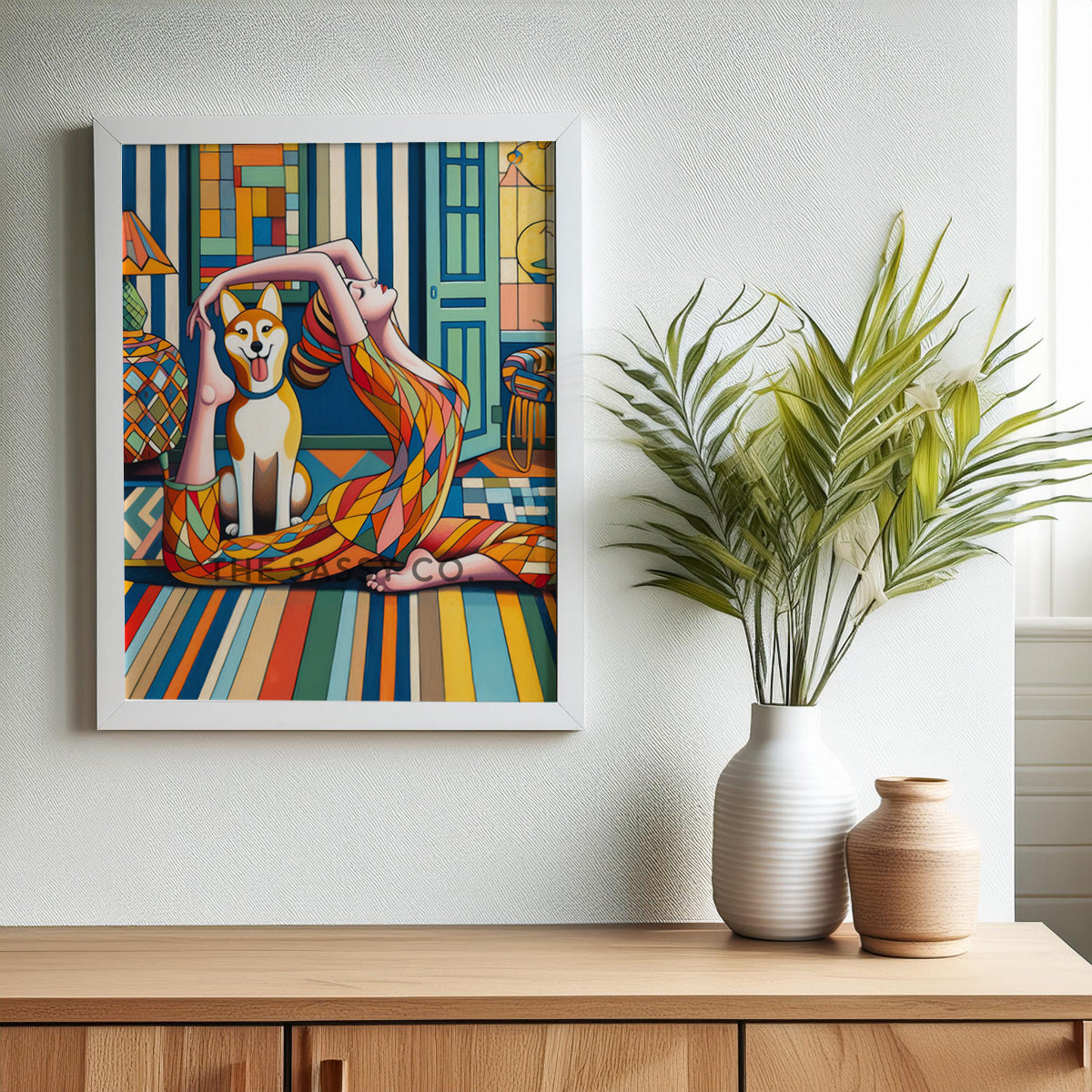 Modern colorful artwork of a woman doing yoga and a happy pet dog. Colorful wall art painting canvas & framed art print for bedroom wall, living room, modern Indian home decor. Ready-to-hang wall art decor. Buy wall art painting online India.