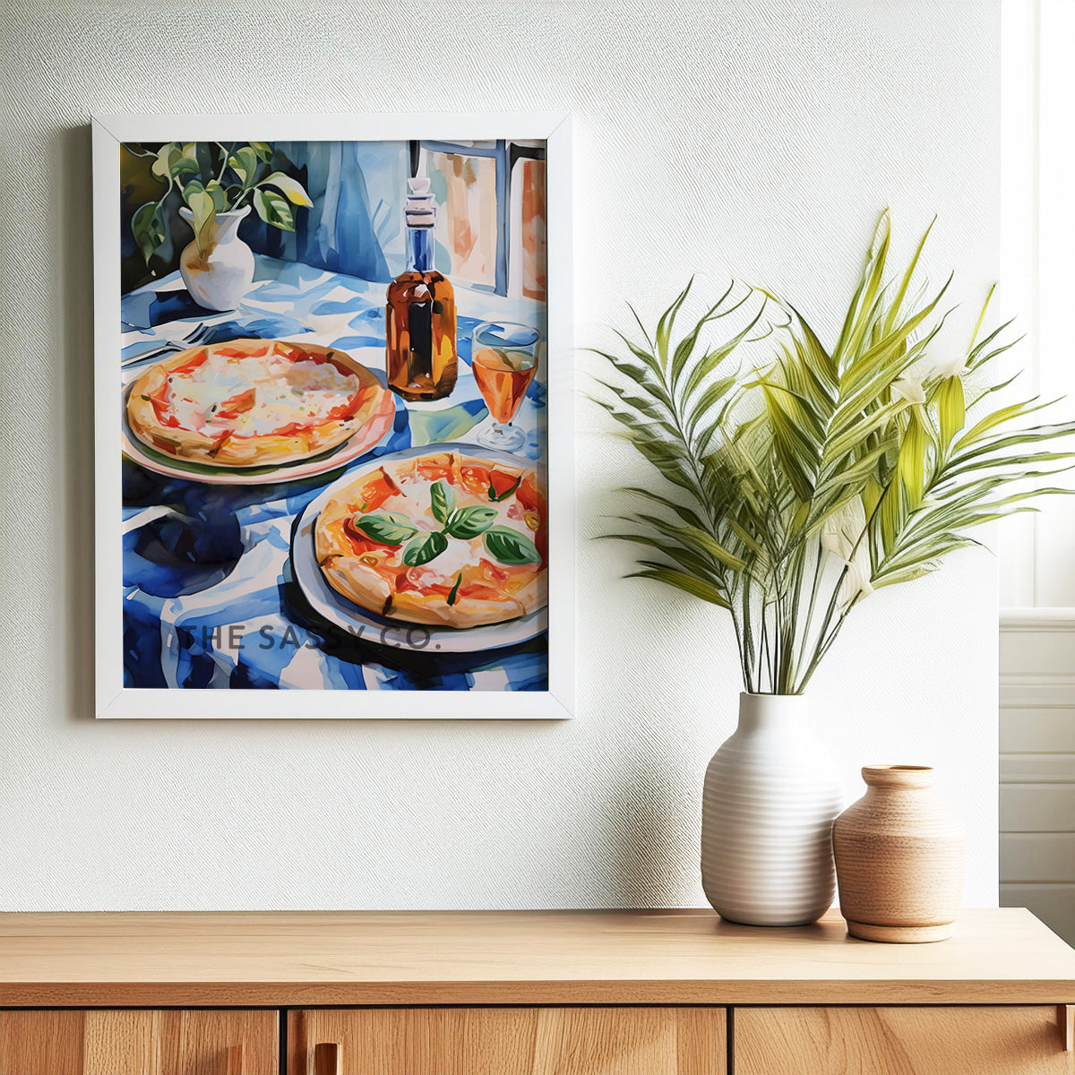 A blue, red watercolor wall art canvas painting print of Neapolitan pizzas on a table. Italy inspired wall art decor. Modern artistic wall painting for Kitchen, dining room wall decor. Italian style wall artwork.
