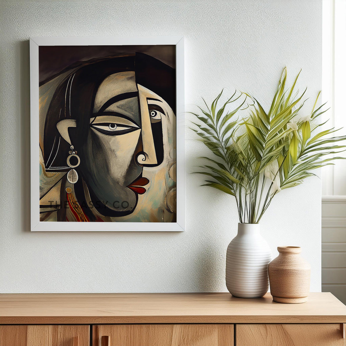 Black and grey color, Picasso style modern abstract Indian woman canvas wall art painting, framed art prints for modern living room, home wall art decor.
