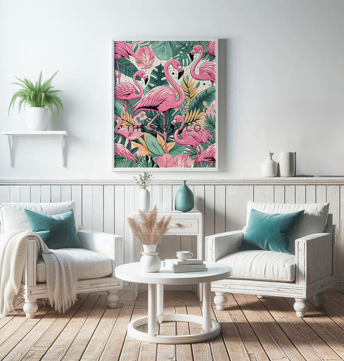 Modern pink flamingo, tropical animal wall art painting canvas print, framed print for bedroom, living room, home decor