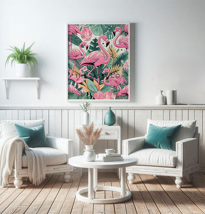 Modern pink flamingo, tropical animal wall art painting canvas print, framed print for bedroom, living room, home decor