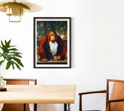 Vintage style, Animal, Orangutan Bartender Wall Art Painting, Canvas & Framed print for bar, Kitchen, Dining, Home decor