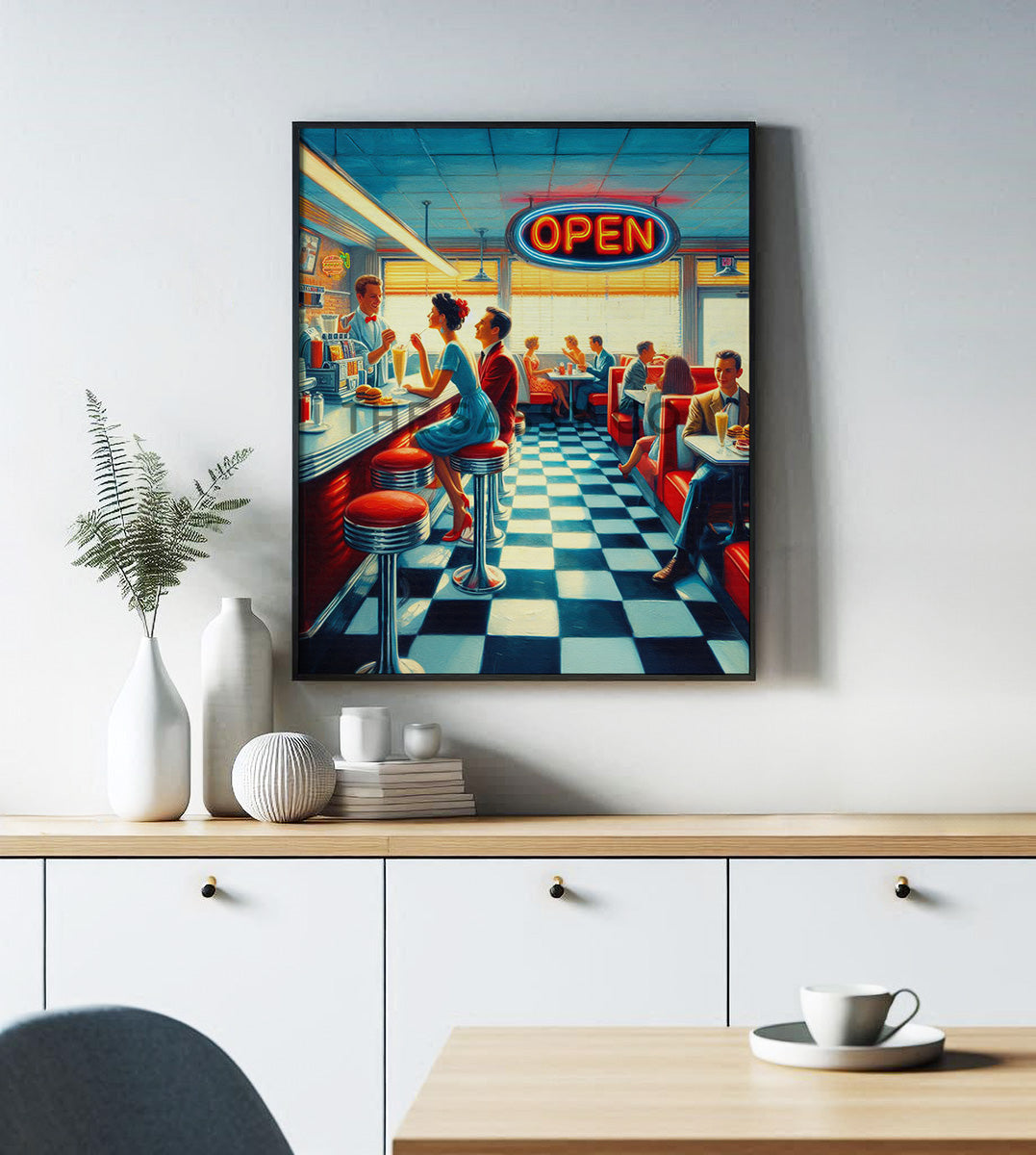 Retro dinner wall art painting as canvas print, framed prints for Kitchen, living room, home decor