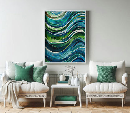 Watercolor style Abstract Nature Blue Green Sea Wall Art Painting Canvas Print, framed print for living room, office, home decor