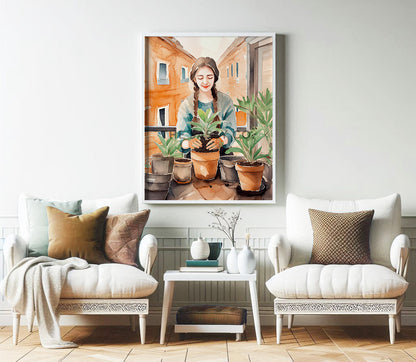 An orange, green boho watercolor artwork of a woman gardening. Boho watercolor style wall art painting canvas, framed art print for sitting room, drawing room, home wall decor. Boho wall decor ideas for modern Indian homes. Buy wall art paintings online