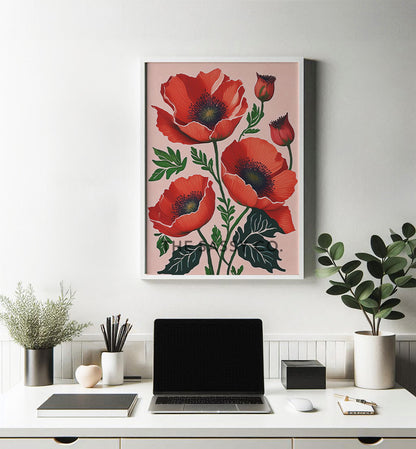 Minimalist Pink Poppy Flower Floral Botanical Wall Art Painting, Canvas Print, Framed print for bedroom, living room, home office, work station, home decor