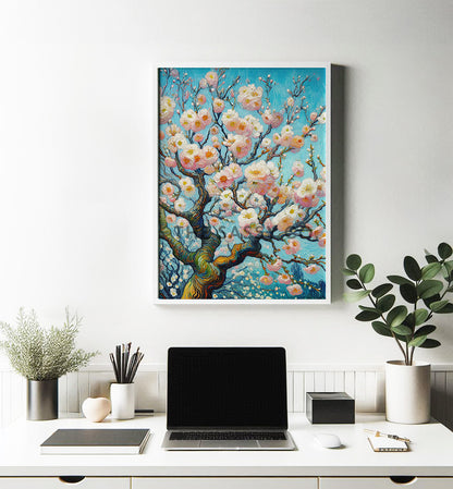 Van Gogh style Cherry blossom flowers floral botanical wall art painting canvas, framed print for bedroom, living room, office, work station, home decor