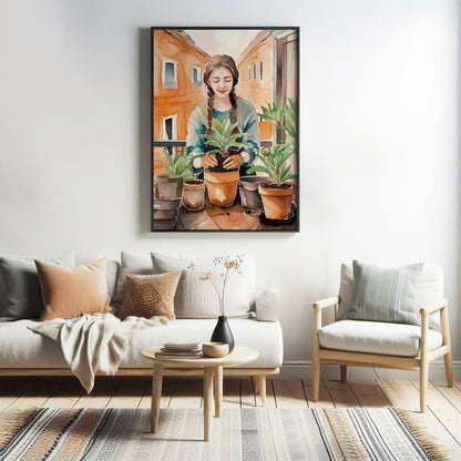 An orange, green boho watercolor artwork of a woman gardening. Boho watercolor style wall art painting canvas, framed art print for living room, home wall decor. Boho wall decor ideas for modern Indian homes. Buy wall art painting online 