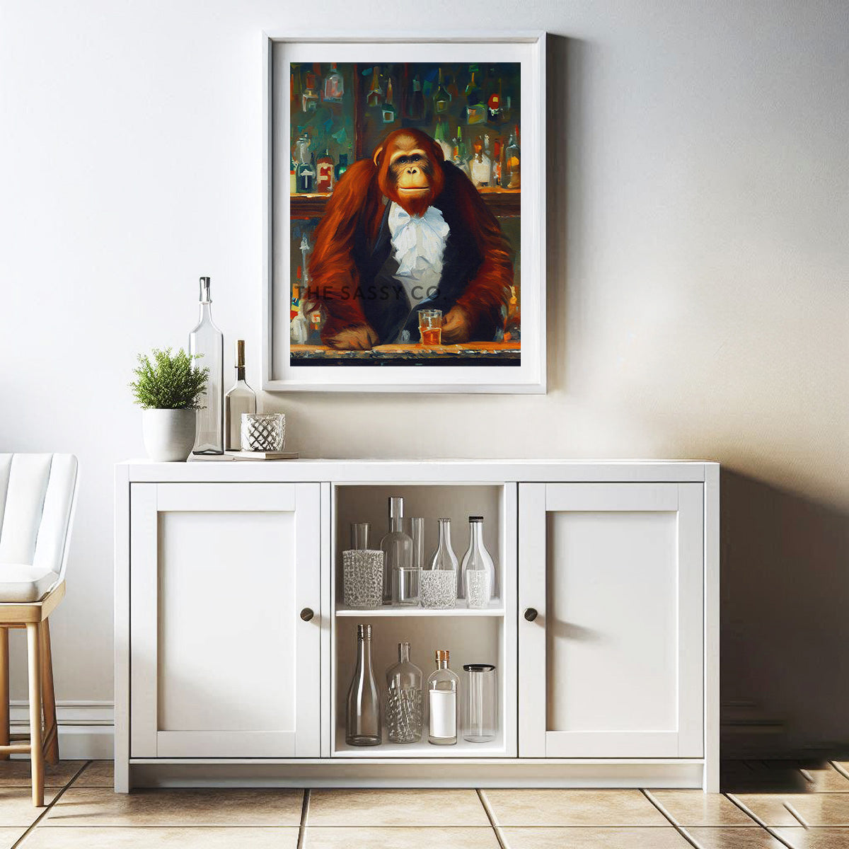 Vintage style, Animal, Orangutan Bartender Wall Art Painting, Canvas & Framed print for bar, Kitchen, Dining, Home decor